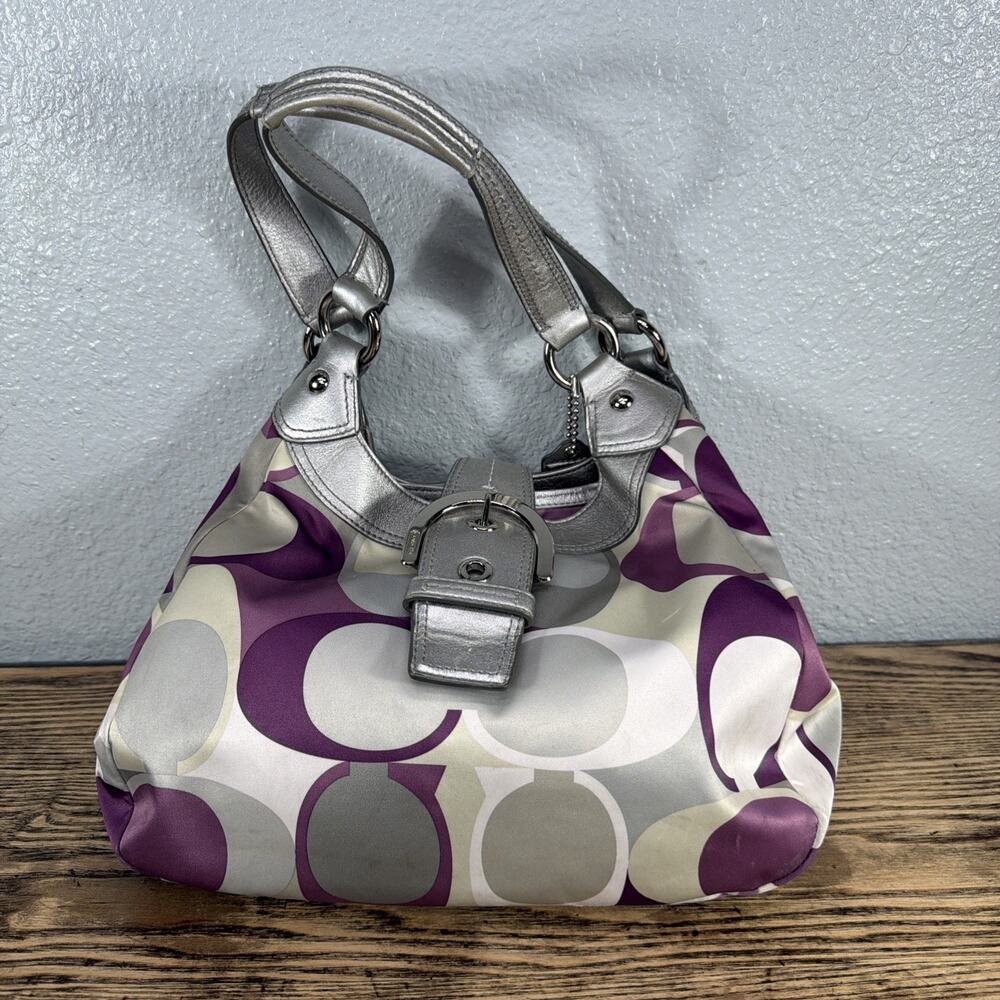 Coach Vintage Soho Satin Scarf Print Hobo Metallic Silver Purple C Y2K Vibes